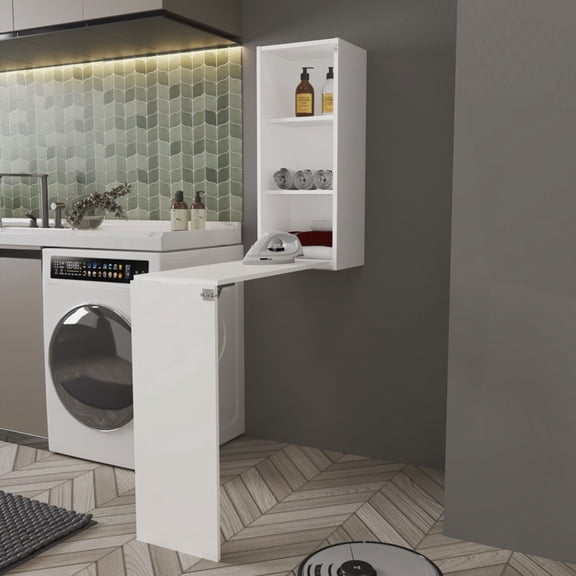 Brier Foldable Ironing Board with Wall-Mounted Cabinet, White for Laundry
