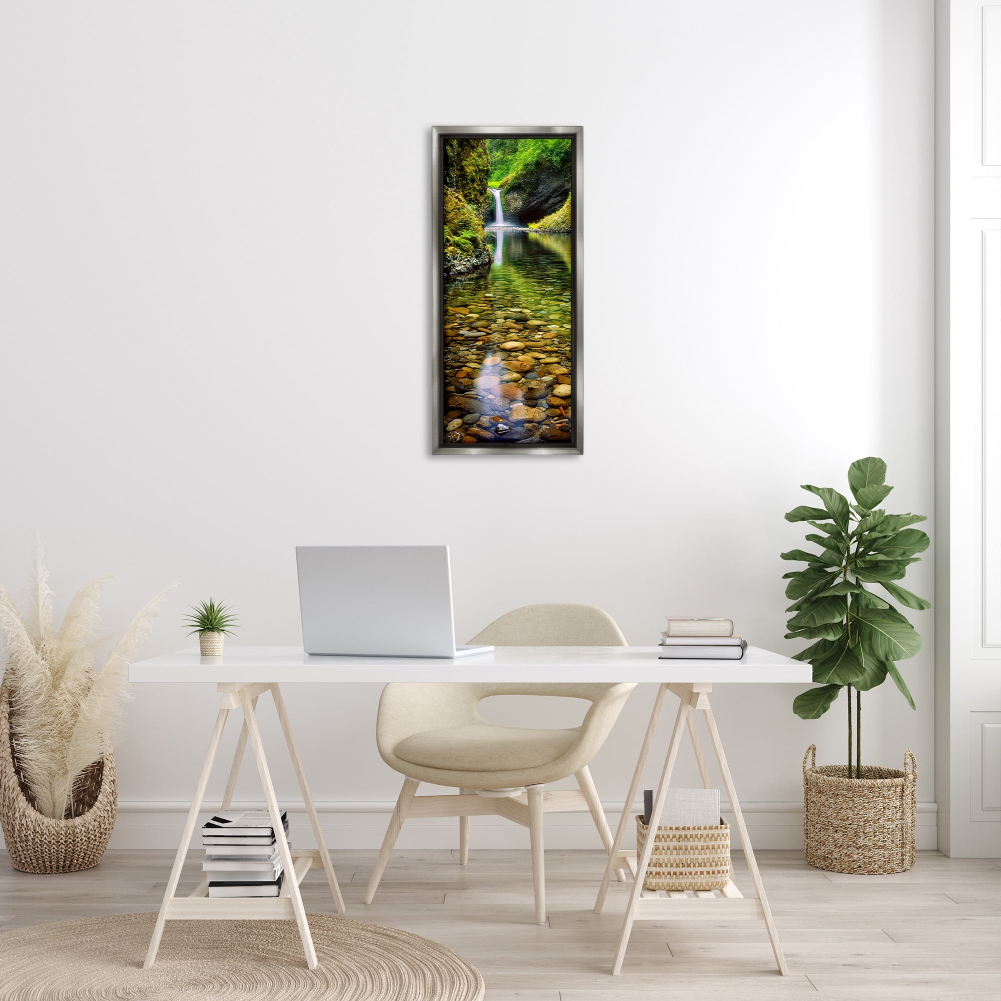 Stupell Industries Clear Stream Waterfall Photography Landscape Photography Gray Floater Framed Canvas Art Print Wall Art, 15 x 31