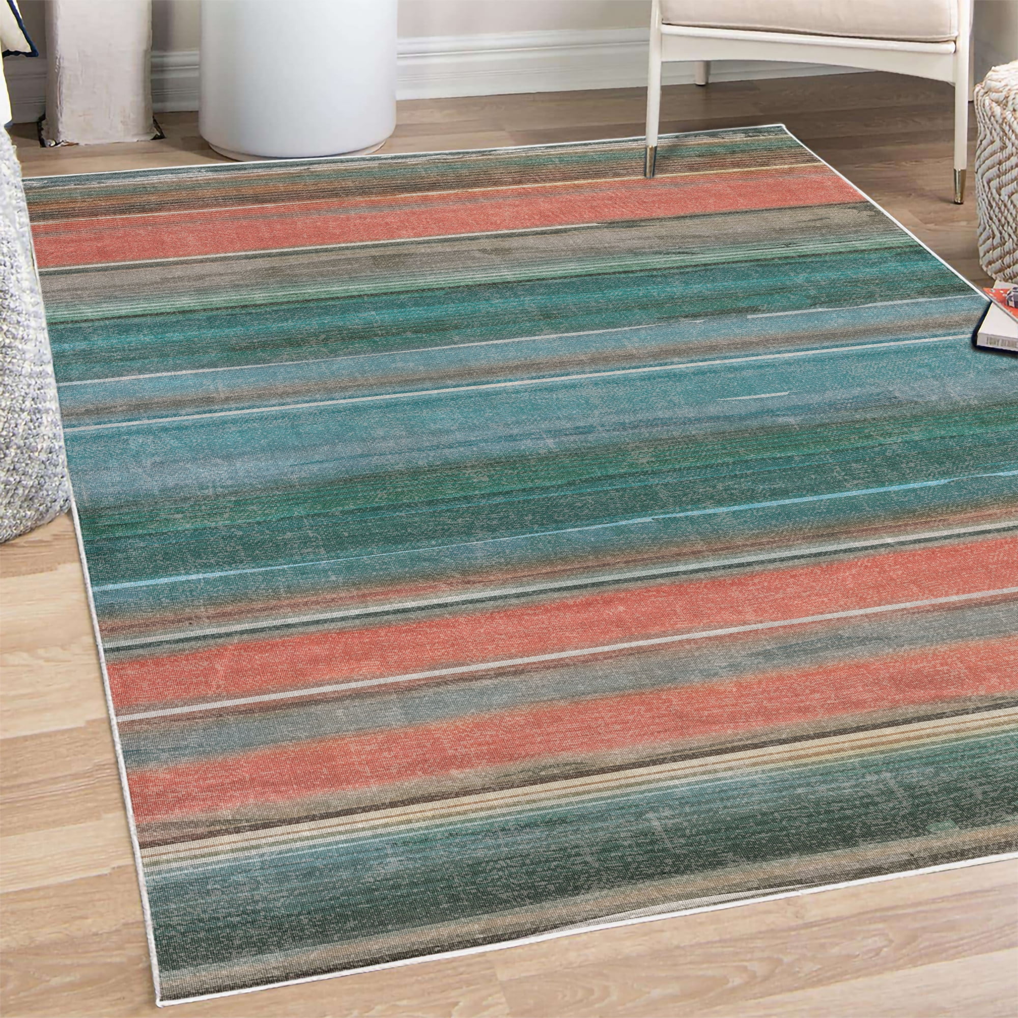 Striped Area Rug with Non-Slip Backing, Colorful Themed Abstract Design  Lines of Modern and Ethnic Influenced Ornaments, Quality Carpet for Bedroom  