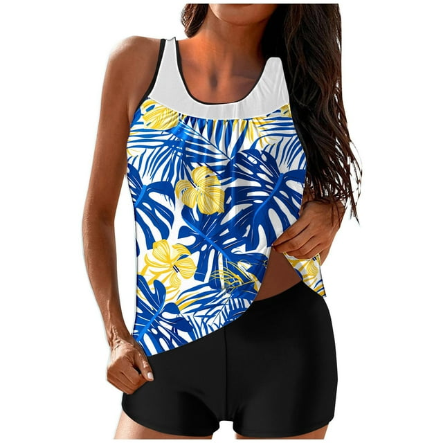Dvprdro Ensemble de Maillot de Bain pour Femmes Mode Imprimé Floral Froncé Deux Pièces Maillot de Bain Sport 2 Pcs avec Short Tankini Ensemble de Maillot de Bain pour Femmes