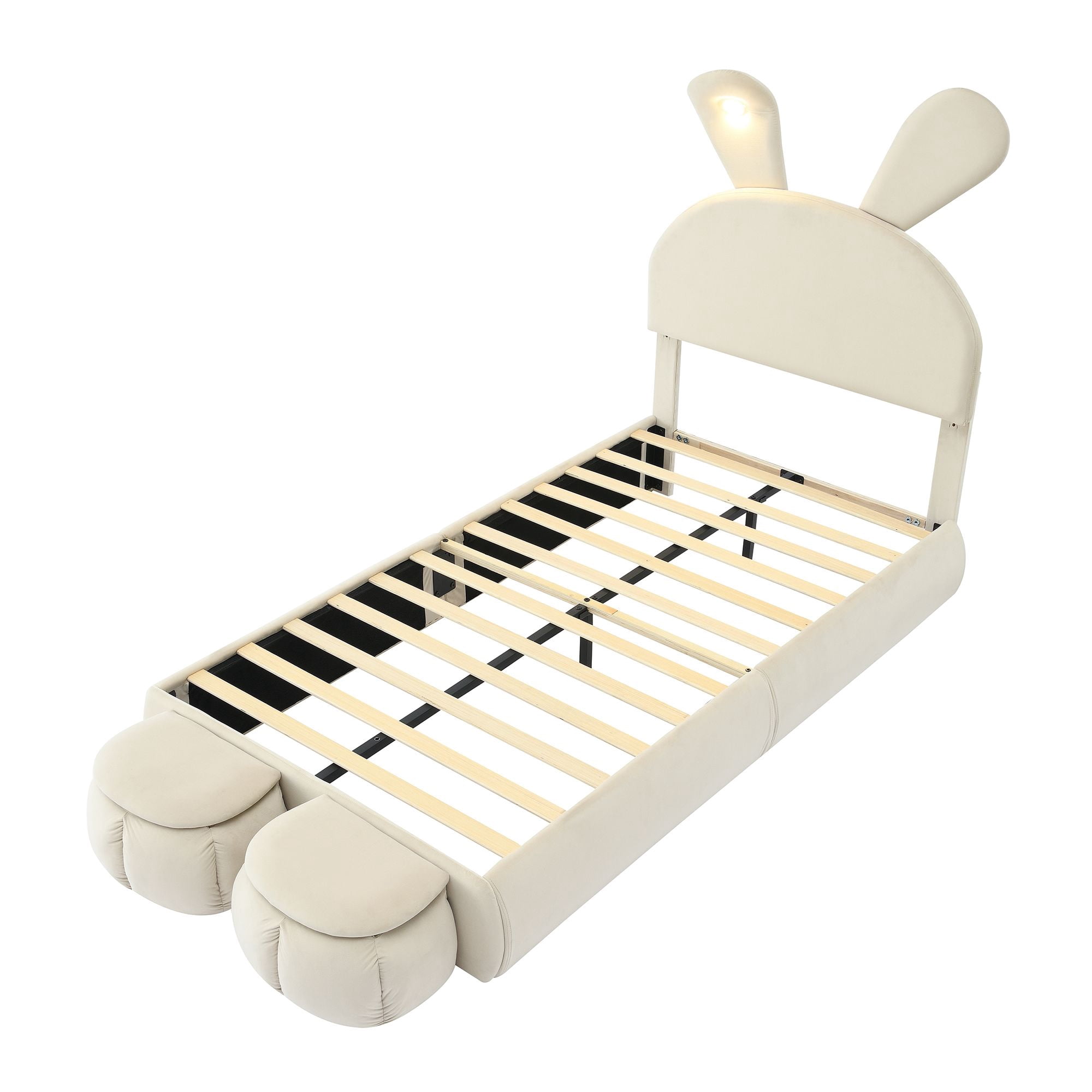 Aukfa Twin Upholstered Bed Frame with LED Light, Cartoon Bed with 2 Storage Stools for Kids, Beige