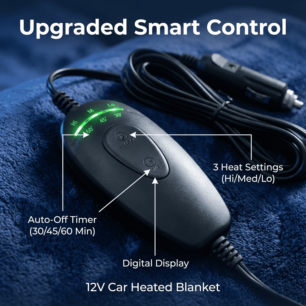 12V Car Heated Blanket with Smart Timer & 3 Heat Settings - Reversible Navy Blue & Dark Grey Electric Flannel Throw - Washable, 72" Long Cord, 55"x39" Large Size for Winter Travel, SUV, RV