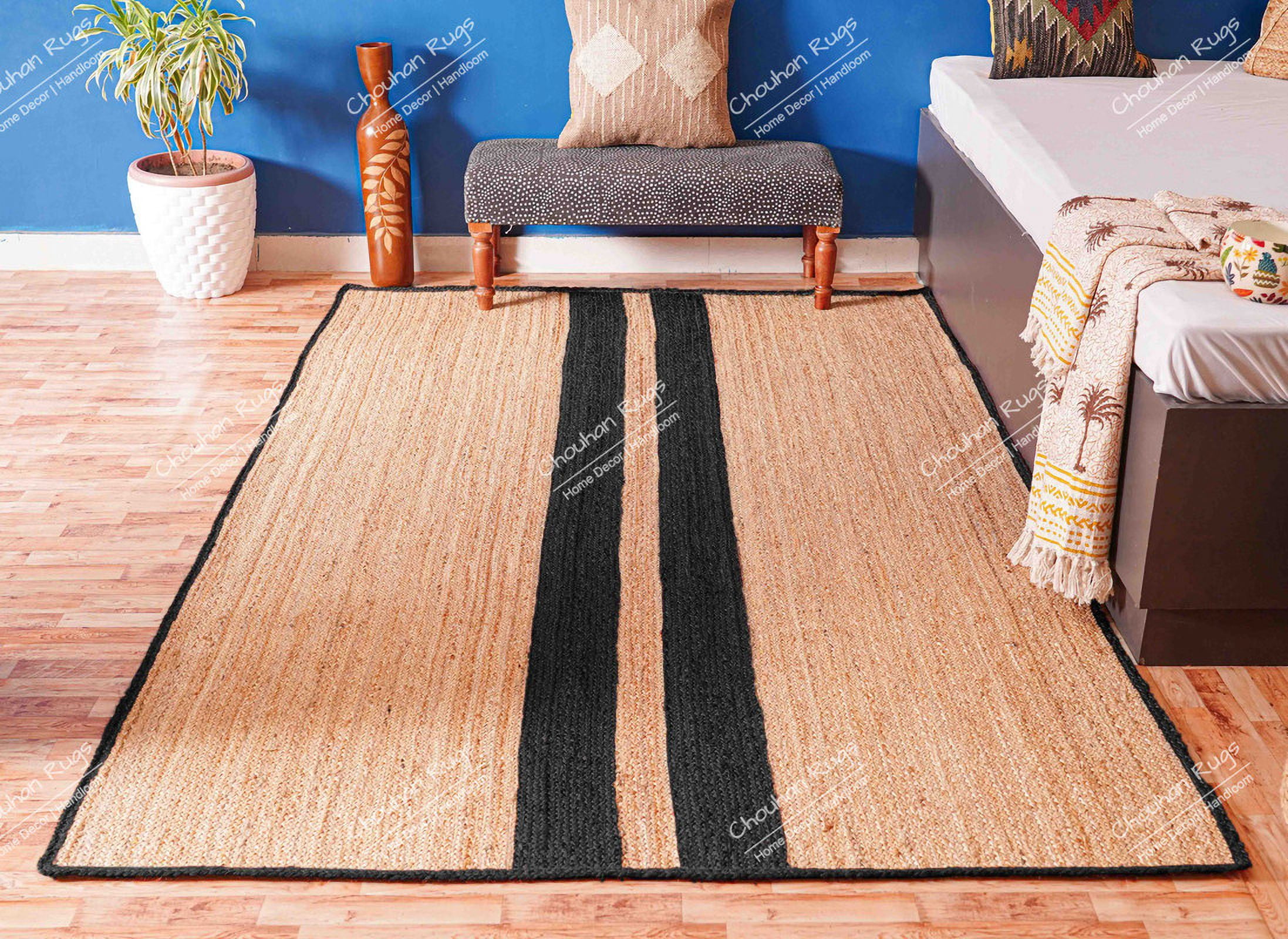 Chouhan Rugs Natural Jute Black Lined Rug Bohemian Rug Decor Rug Handwoven Rug Custom Rug Decorative Rug