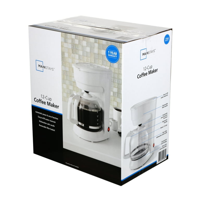 Mainstays White 12 Cup Coffee Maker with Removable Filter Basket