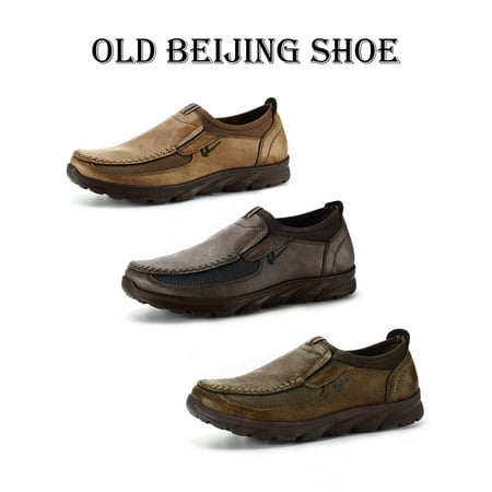 Old Beijing Men's Leather Casual Shoes Breathable Antiskid Loafers Moccasins Grey/Camel/Army