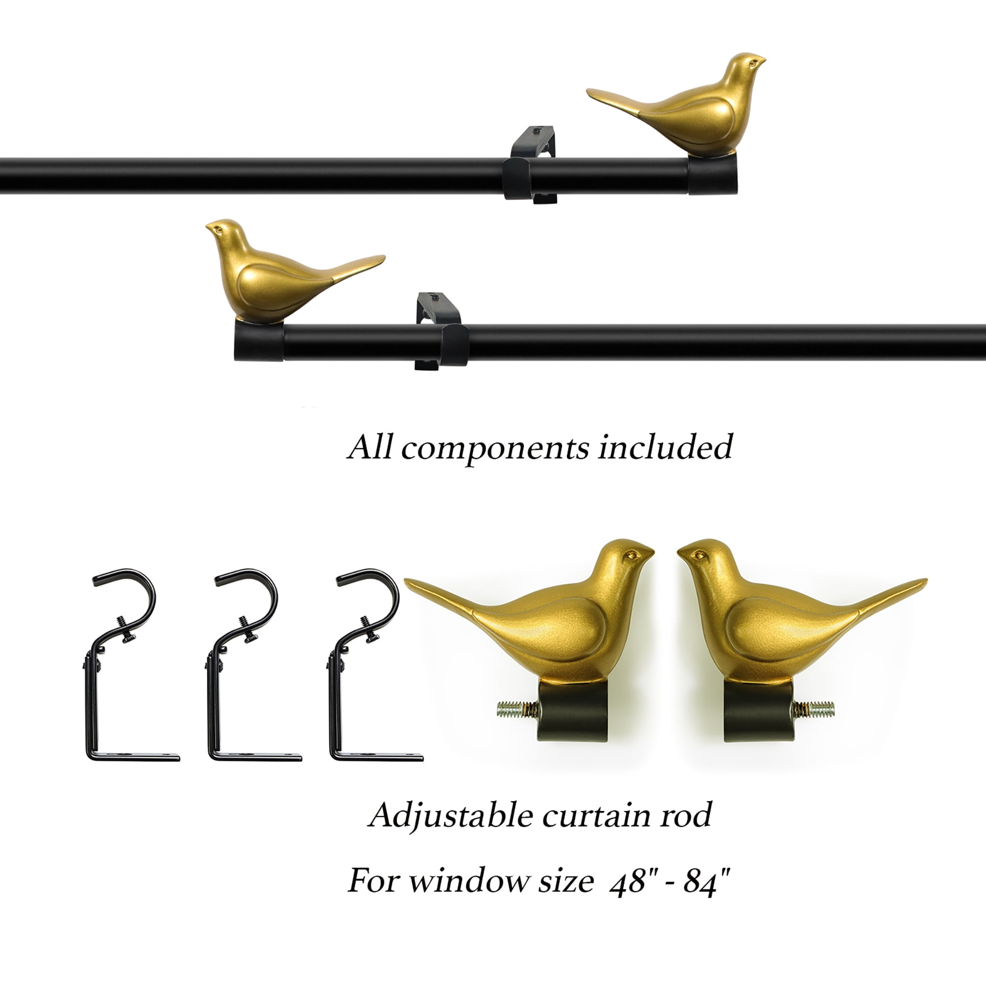 MERIVILLE 3/4" Diameter Farmhouse Single Window Treatment Curtain Rod, Gold Bird Finials, 48"-84", Black Rod