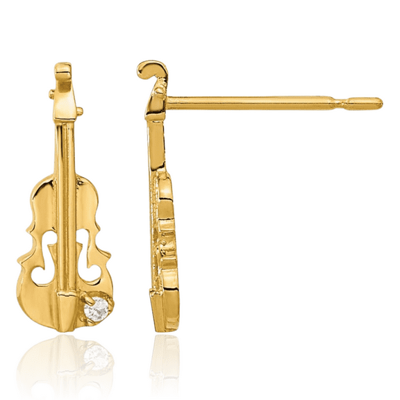 14K Solid Yellow Gold Cubic Zirconia CZ Violin Stud Earrings