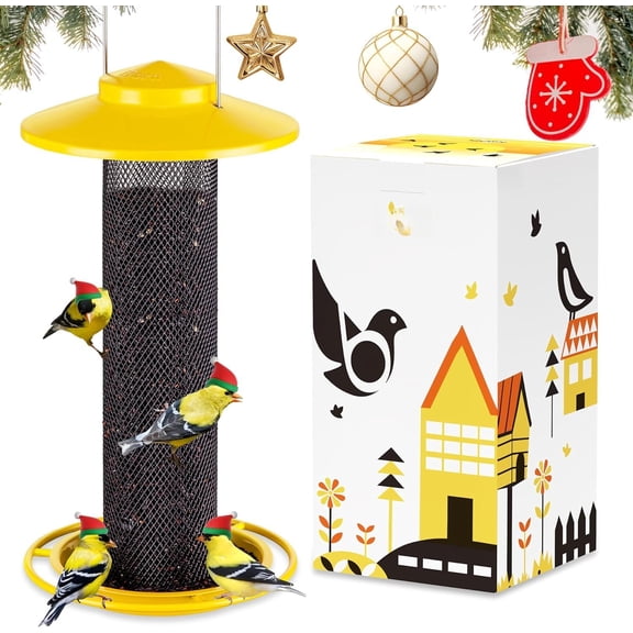 Finch Feeders for Outside,Thistle Bird Feeders for Outdoors ,Nyjer Feeder, Mesh Tube Bird Feeder 13.5 Inch with 17cm Weatherproof Large Roof and Tray,2 LB Capacity,Yellow