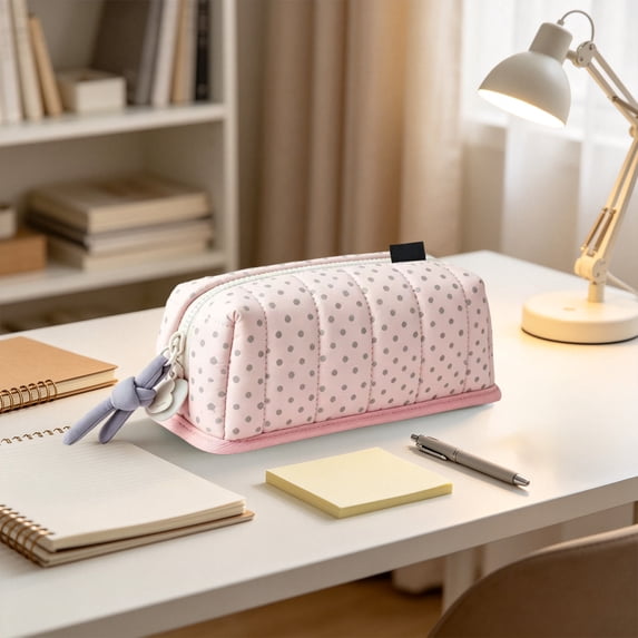 ZhangC Cream Polka Dot Pencil Case, Large Capacity Soft Quilted Storage Pouch, Multi-purpose Stationery Makeup Bag for Office, Home and Travel (2.7x8.2x4.3 Inch)