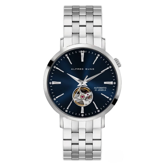 Alfred Sung Men's Automatic V Silver Open Heart Blue Dial Link Watch