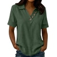 thumbnail image 2 of Short Sleeve Tshirts Shirts Women's Casual Linen Blouse Collared V Neck Short Sleeve Button Detail Curved Hem Summer Top Green Xxl, 2 of 6