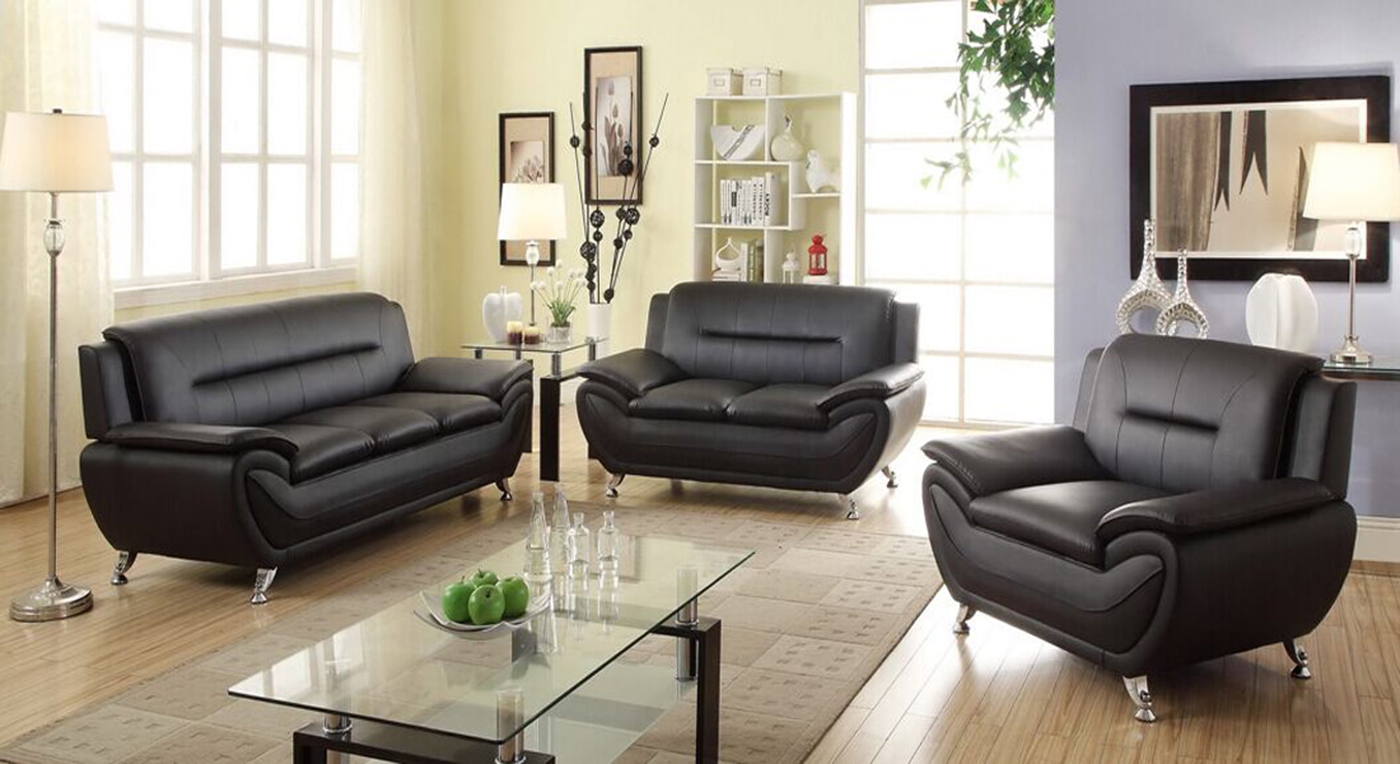 Norton 3 pc Black Faux Leather Modern Living Room Sofa set