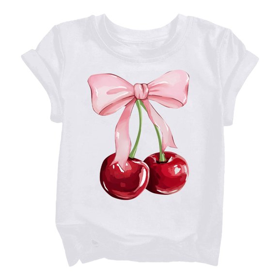 TIREOW Girls Loose Fit Short Sleeve T Shirt Summer Daily Casual Round Neck T-Shirts Cherry Print T-Shirt Top