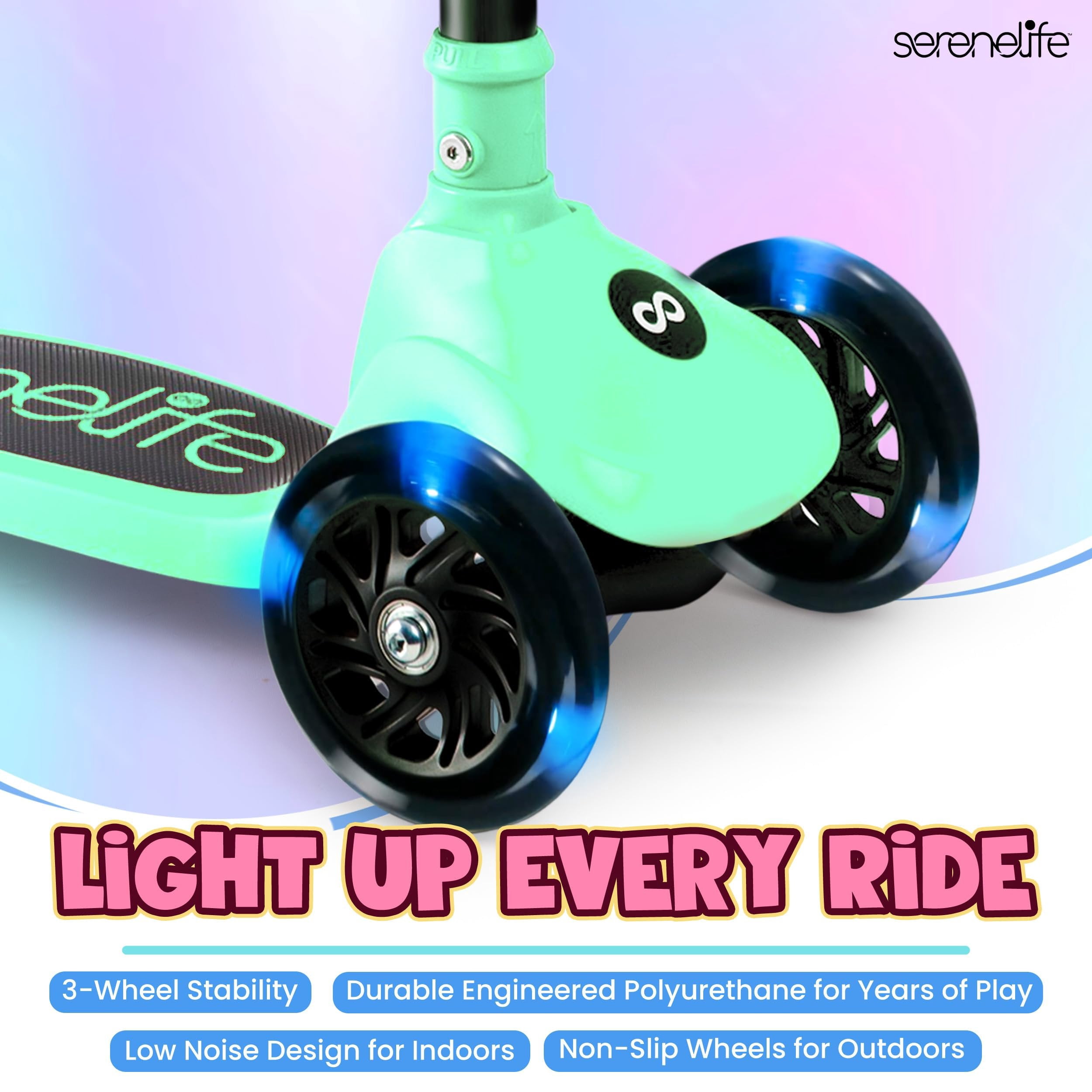 SereneLife 3-Wheel Foldable Kids Scooter  LED Wheel Lights, Adjustable Handlebar, Rear Foot Brake, Lean-to-Steer, Anti-Slip Deck  Ideal for Toddlers & Kids 2+, up to 110 lbs