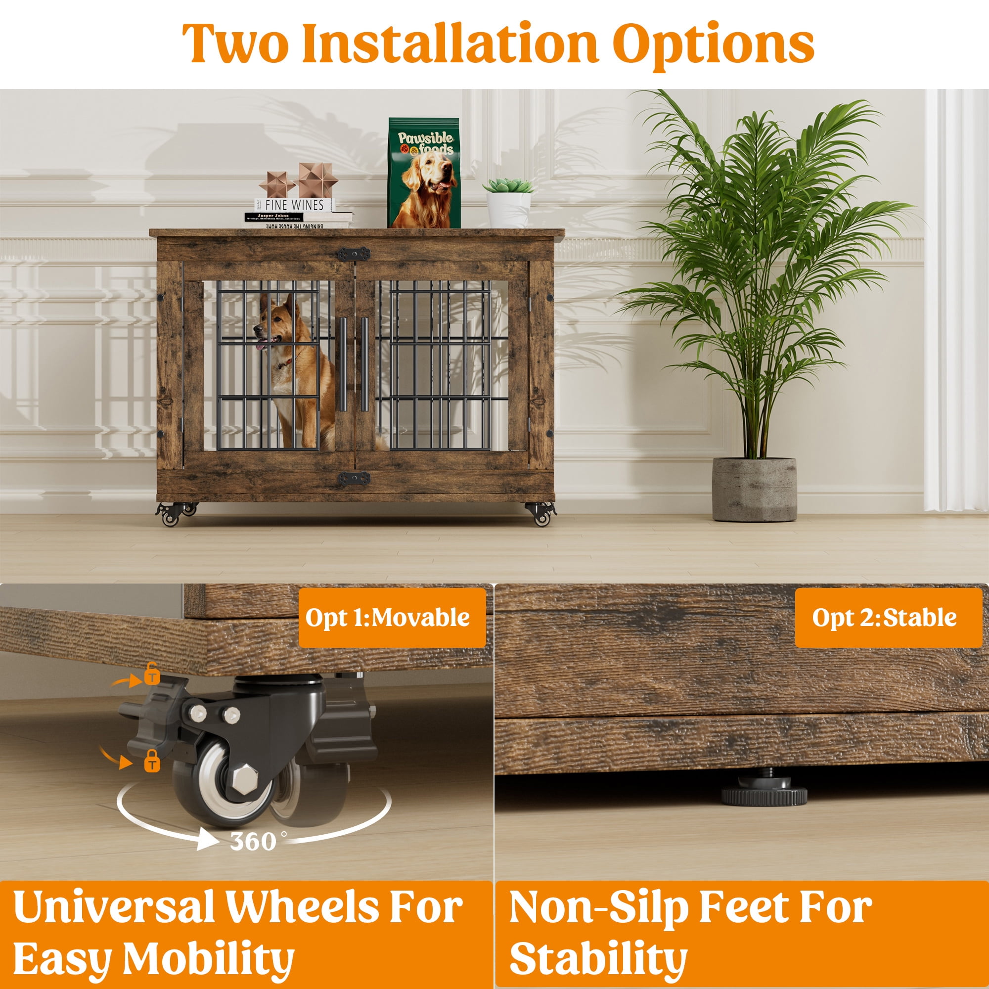 Aufeile Dog Crate Furniture with Wheels, 32 in Wooden End Table Dog Cage with 2 Doors and Removable Cushion, Indoor Pet Kennel for Medium Breeds, Brown