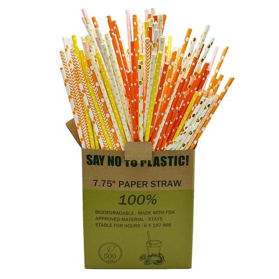 500PCS Multi-Pattern Extra Durable Paper Straws Biodegradable 100%,Assorted Rainbow Colors Striped Drinking Straws for Juices,Coffee,Restaurants and Party supplies,7.75" Orange