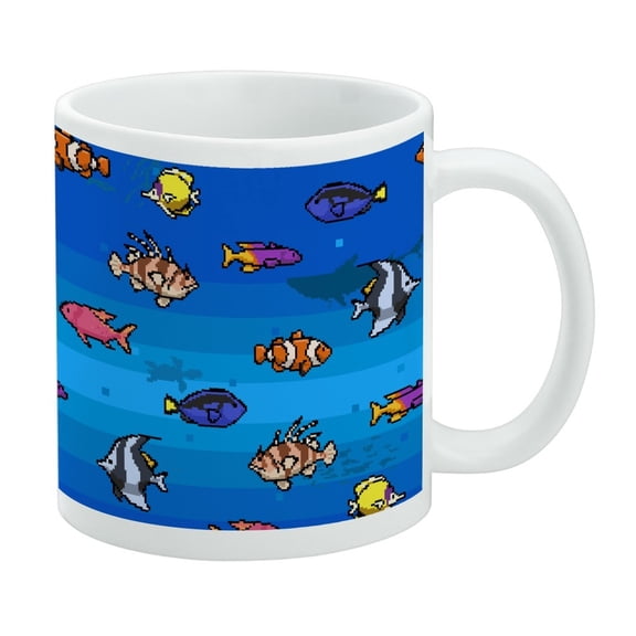 Pixel Tropical Ocean Fish Pattern White Mug