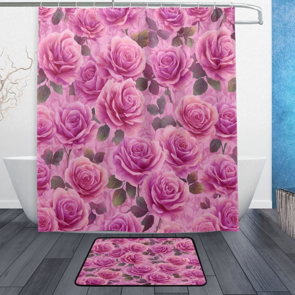 TTYFWHD 60" x 72" Shower Curtain and Bath Mat Set Magenta-red Roses Pattern Waterproof Bathroom Curtain with 12 Hooks, Bathroom Decor Set