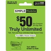 SIMPLE Mobile $50 Truly Unlimited 30-Day Prepaid Plan + 5GB Mobile Hotspot & International Calling Credit Direct Top Up