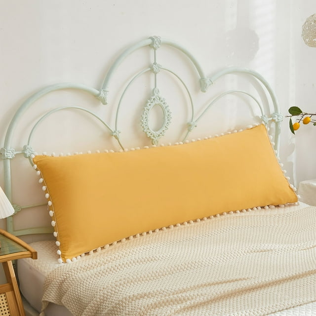 Move Over Yellow Body Pillowcases 20 x54 in, Boho Pillow Cover, Washed Microfiber White Pom Fringe Pattern