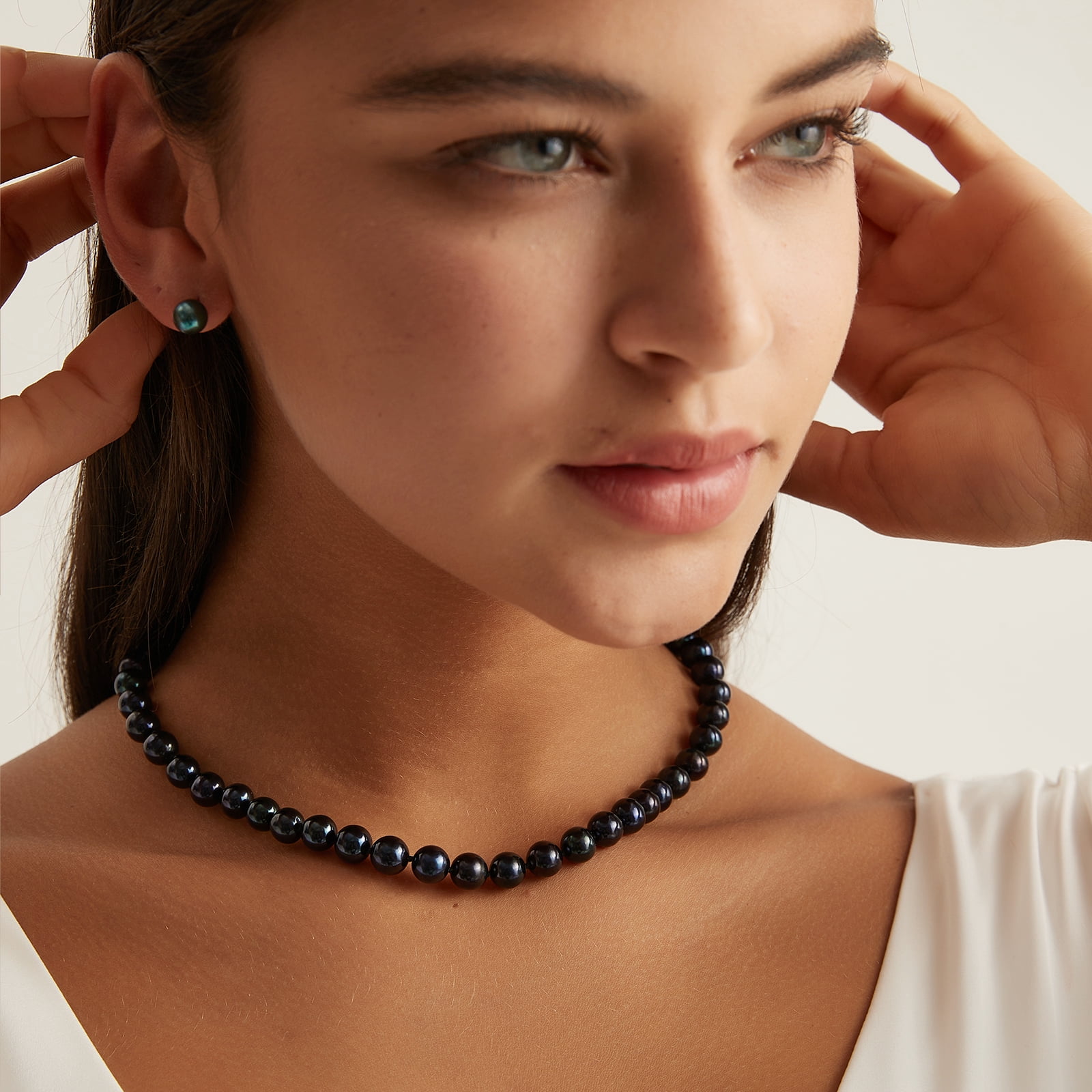 Yami Cultured Tahitian Black Pearl Nacklace and Earrings Set - 8.5-8.9mm Necklace and 7.5-7.9mm Earrings in 925 Sterling Silver Valentine's Day Jewerly Gifts for women