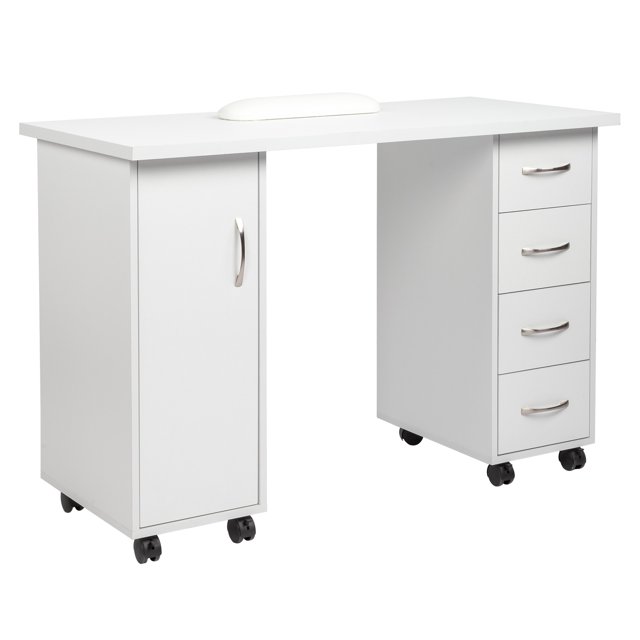 Ktaxon Table de Manucure Salon Bureau de Beauté pour Ongles avec 4 Tiroirs, Roue Verrouillable et Protège-Poignet, Blanc