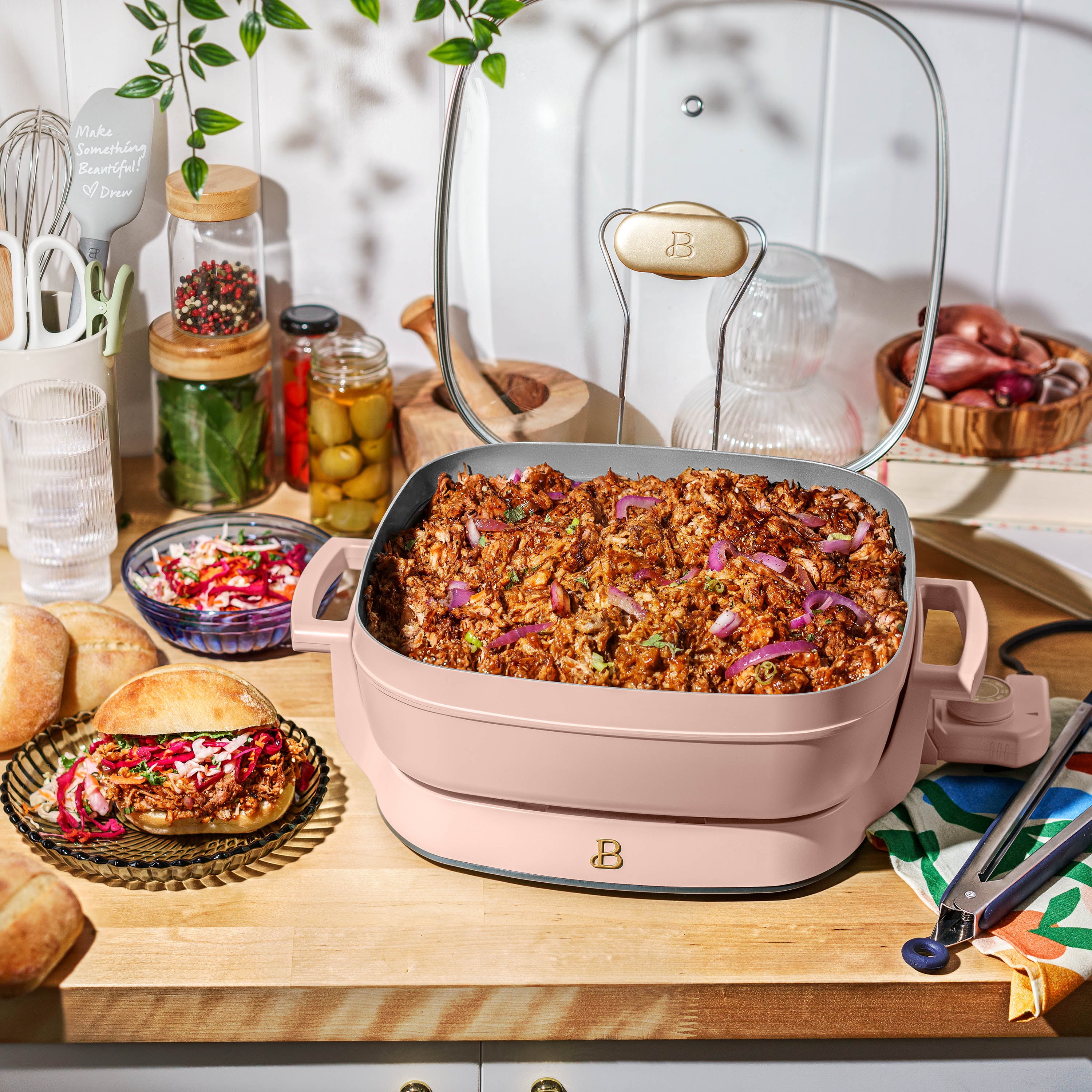 Beautiful 5 in 1 Electric Skillet - Expandable up to 7 Qt with Glass Lid, Rose by Drew Barrymore