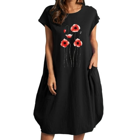 

Casual Sunflower Graphic Dresses for Women Short Sleeve Batwing Dresses with Pockets O Neck Summer Dress