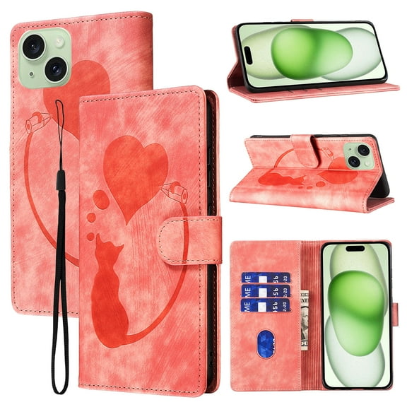 Compatible with iPhone 14 Case Wallet Case with Kickstand Credit Card Holder Slot,Cute Cat & Love Heart Embossed Cover,Magnetic Closure Wrist Strap Luxury PU Leather Case,Pink