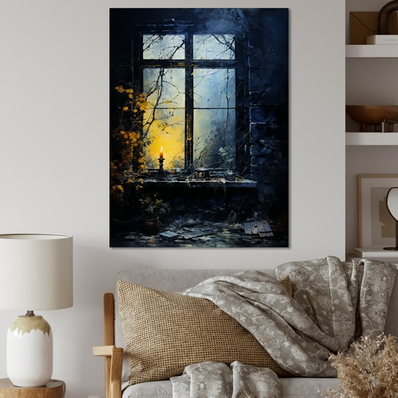 Designart "Nighttime Charm of Farmhouse Windows II" Farm Canvas Wall Art - Country Blue Farm Windows Living Room Canvas Art
