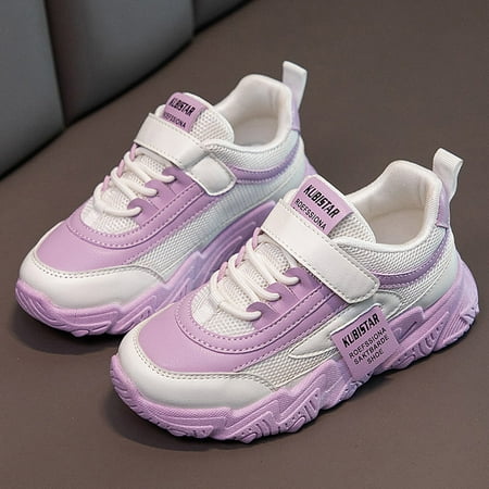 

Ediodpoh Fashion Four Seasons Children Sneakers Girls Flat Thick Bottom Non Lightweight Mesh Upper Breathable Comfortable Lace up Hook Loop Solid Color Casual Style Kids Shoes Purple 1.5