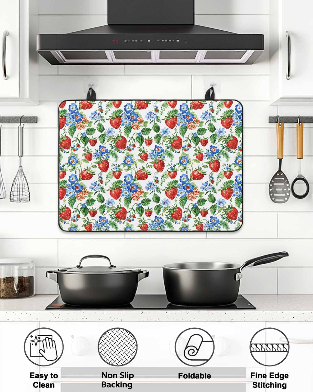 Stove Top Covers for Electric Stove, Strawberry Glass Stovetop Cover Protector, Summer Botanical Blue Spring Floral Induction Cooktop Protector Oven Mat for Kitchen Countertop 24"x21"