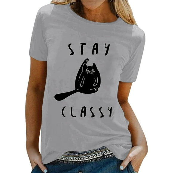 LUOGENLI Female T-shirts for Womens Womens Spring Summer Cats Printed Short Sleeve O Neck T Shirt Top Womens Funny T-shirts Graphic Tees Summer Clothes Grey XXL