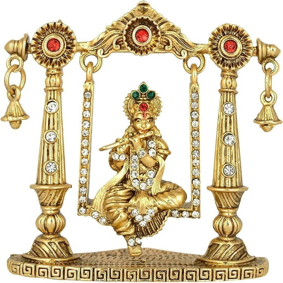 MASSIVE MART Lord Krishna Idol On Jhula Flute Krishna Idol Gold Metal Statue For Home Décor Car Dashboard Mandir Pooja Murti Temple Puja Office Table Showpiece