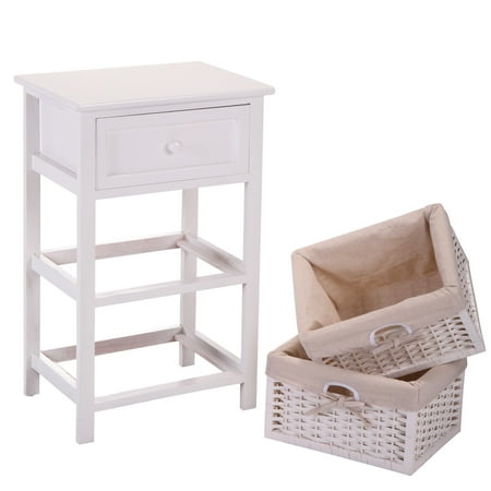 Jaxpety White Night Stand 3 Tiers 1 Drawer Bedside End Table Organizer Wood W/2 Baskets