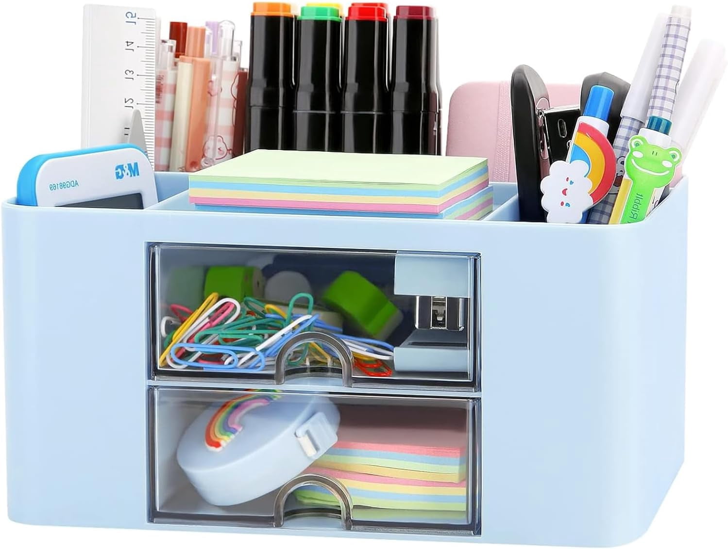 Desk Organizer, Multifunctional Desk Organizer, Desk Organizer with 5 Compartments and 2 Transparent Pen Drawer, for Pens, Office, Home, School (Iceberg Blue)