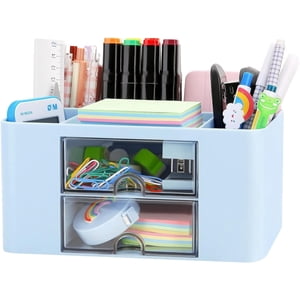 Organisateur de bureau, Organisateur multifonctionnel de bureau avec 5 Compartiments 2 Tiroir à stylo transparent, pour stylos, bureau, maison, école (Iceberg Blue)