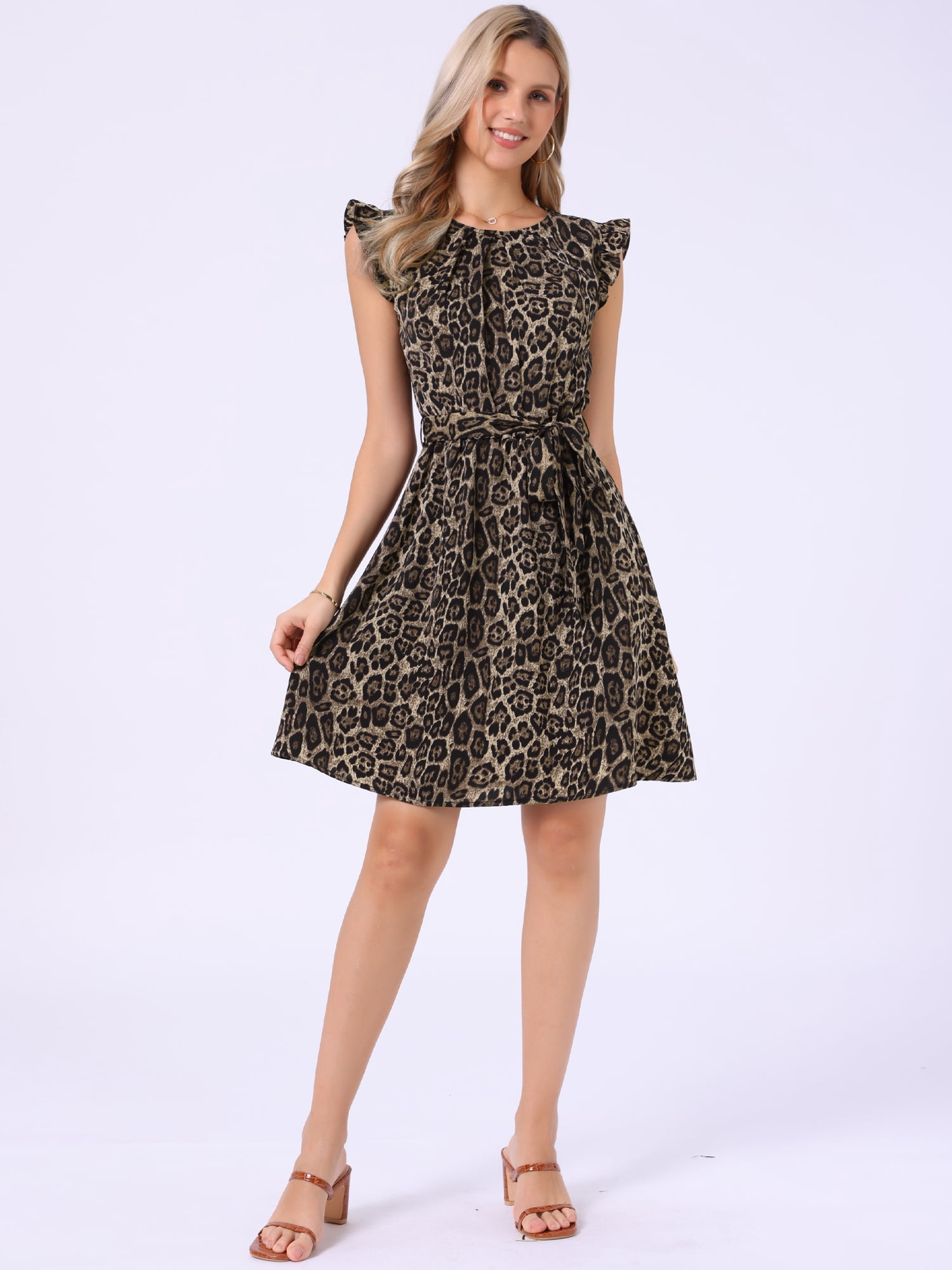 DARING DIVA Women's Leopard Ruffled Sleeve Flowy Belted A-Line Round Neck Dress XS Brown