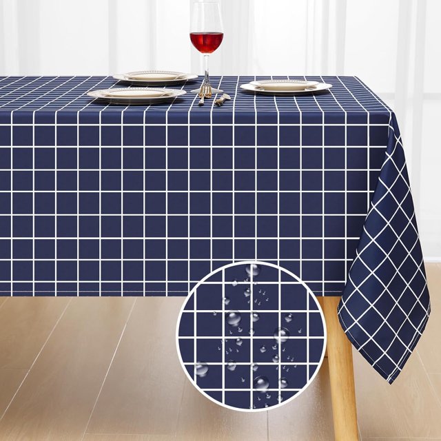 Rectangle Waterproof Fabric Table Cloth, Plaid Stain Resistant Polyester Tablecloth, Washable Cloth Table Cover for Kitchen, Dining Room, Outdoor (60" x 102", Navy Blue)