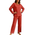 thumbnail image 5 of Ashirexll Pajamas for Women Set Solid Color Round Neck Loose Long Sleeve Top with Matching Pants Loungewear Set, 5 of 7