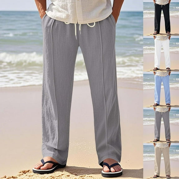 ibuvkizy Linen Pants Men with Drawstring Solid Casual Multiple Pockets Zipper Button Outdoor Lounge Trouser Long,Sizes M-3XL