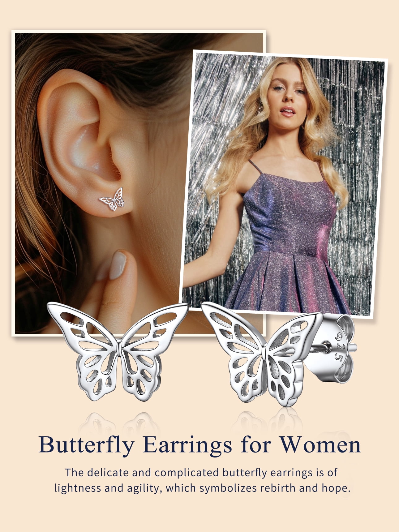 Suplight 925 Sterling Silver Hollowed Out Butterfly Stud Earrings, Dainty Butterfly Earrings for Women