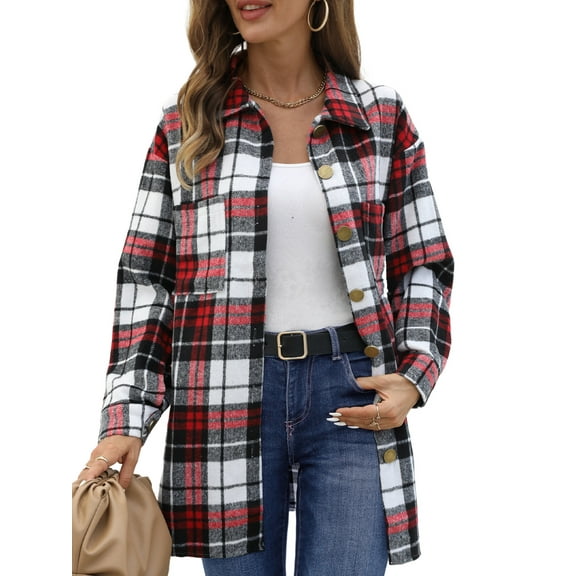 UVN Flannel Plaid Shirts for Women Shacket Jacket Long Sleeve Button Down Shirt Coats Top