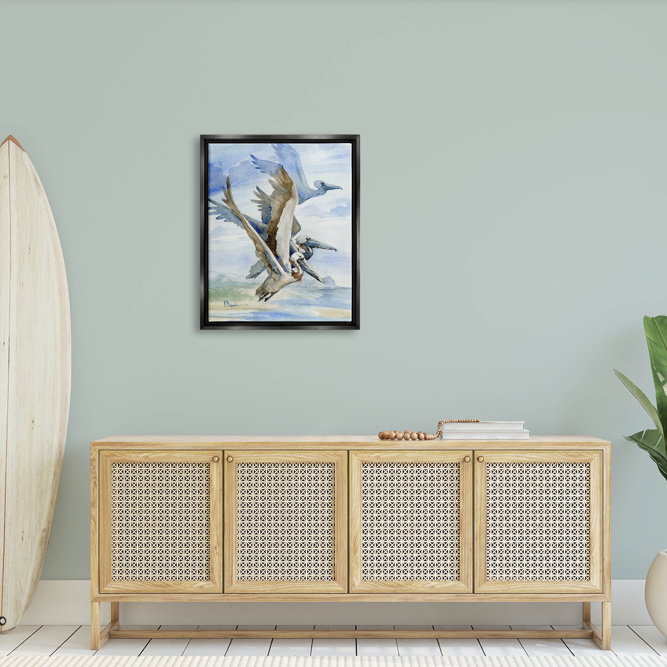 Stupell Industries Pelicans Aloft Bird Flight Trio Painting Jet Black Floating Framed Canvas Print Wall Art, Design by Paul Brent