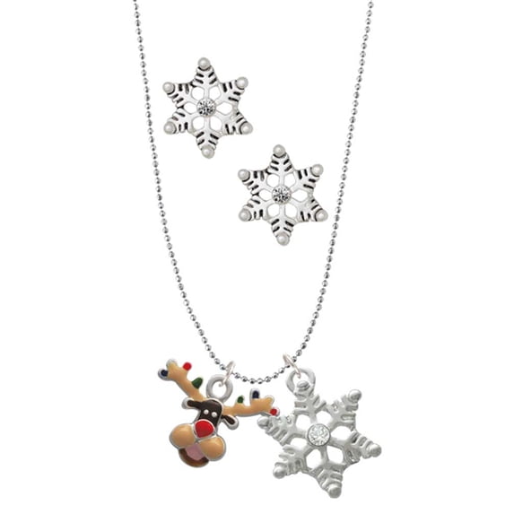 Delight Jewelry Silvertone Reindeer with Christmas Lights Silver tone Snowflake Charm Necklace and Stud Earrings