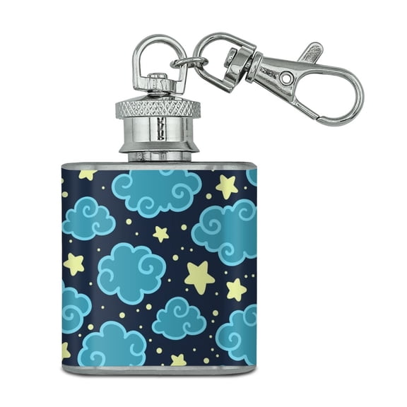 Nighttime Sky with Clouds and Stars Pattern Stainless Steel 1oz Mini Flask Key Chain