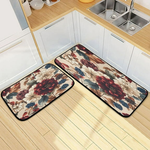 Kitchen Rug Set 2 Pieces Non Slip Kitchen Mat for Kitchen Home Floor Sink 47"x19" 27"x19" Burgundy Hydrangeas