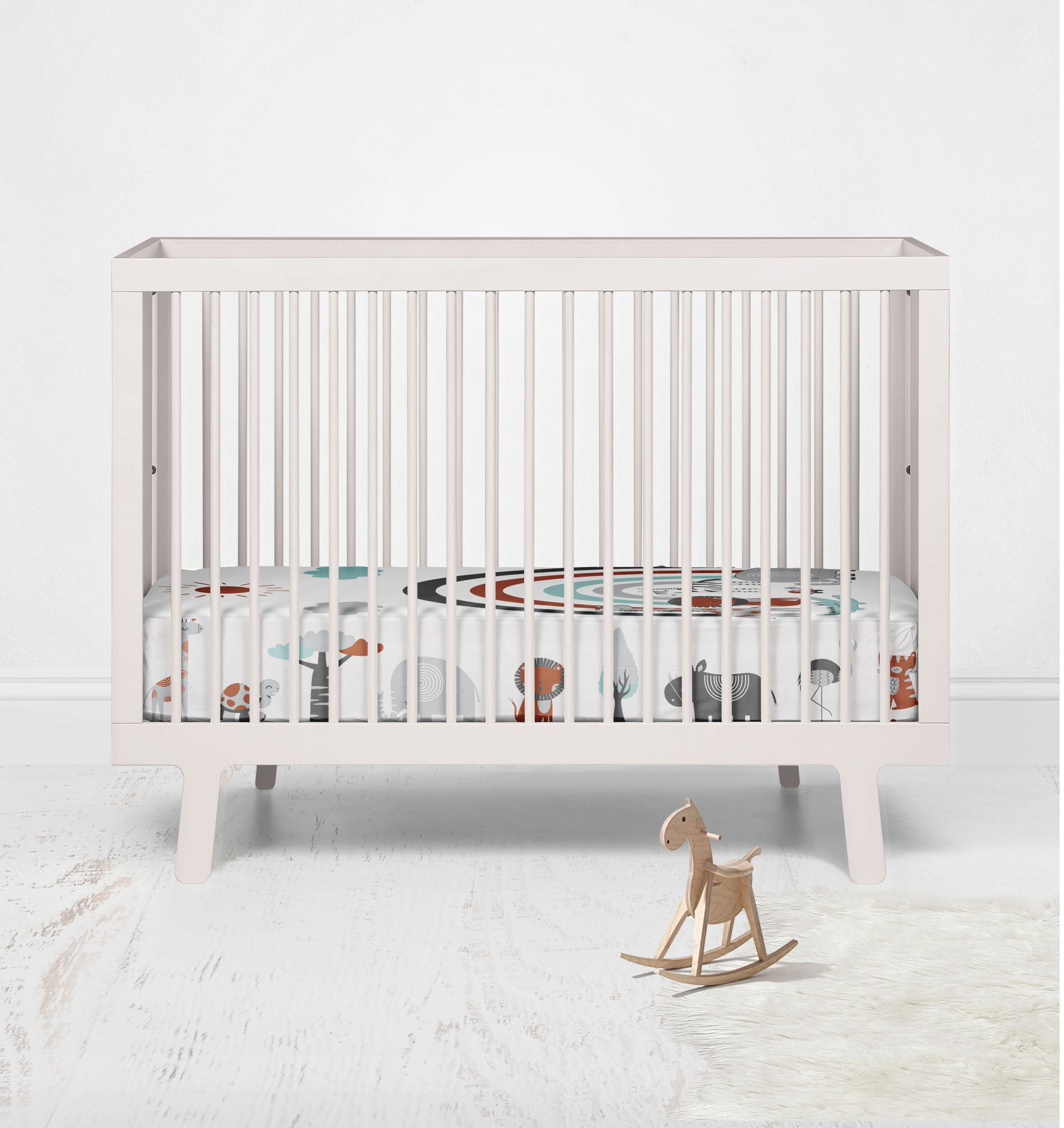 Crib or Toddler Bed Fitted Sheet 100% Cotton Percale, Safari Jungle Aqua/Orange/Grey