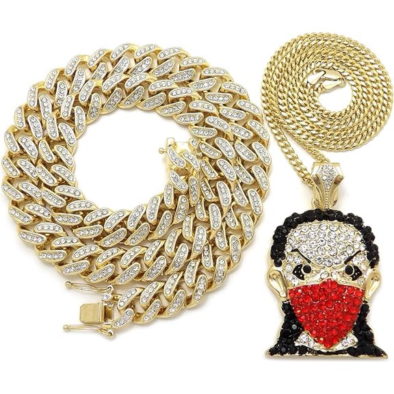 Hip Hop Iced Masked Goon Gold Plated Cubic Zirconia Pendant & 3mm 20" Cuban Chain & 12mm 18" Full Iced Cuban Choker Necklace Chain Set
