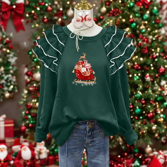 Yteetum Christmas Sweatshirt for Women Oversized Crewneck Pleated Ruffle Trim Drop Shoulder Pullover Hoodless Sweatshirts Womens Casual Xmas Graphic Print Round Neck Loose Lantern Sleeve Sweatshirts